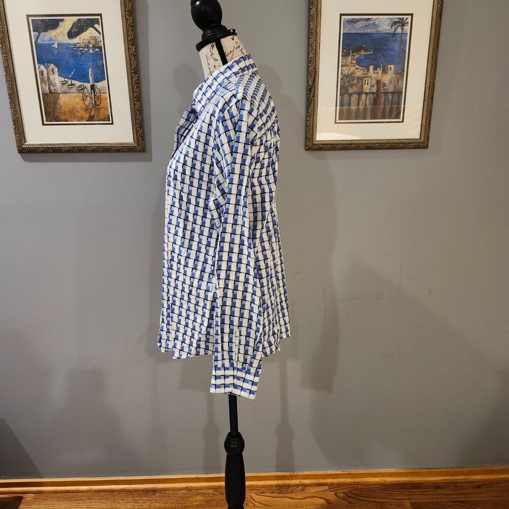 FOXCROFT White, Blue and Black Geometric 100% Cotton Button-up Shirt - Picture 5 of 9